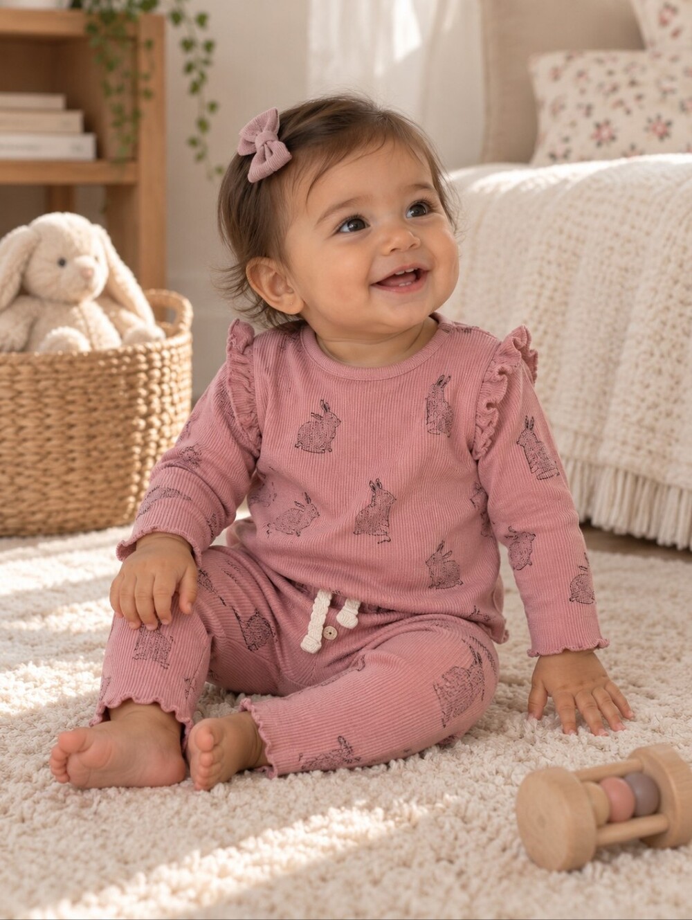 Zara Baby Girls Pink Bunny Rabbit Ribbed Ruffle 2 Piece Set 6-9M Cottagecore